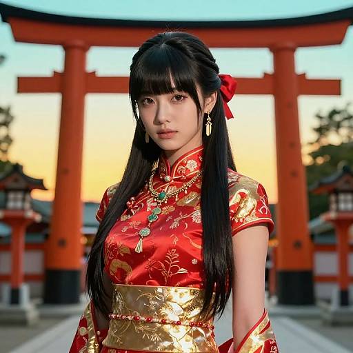 Photograph of an Asian woman with long black hair, wearing a red and gold floral qipao, standing in front of a large, orange tor