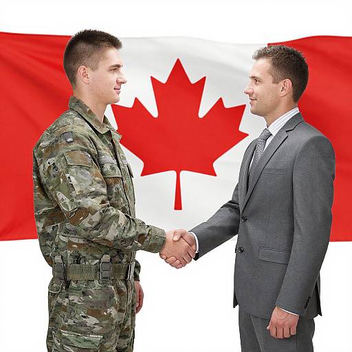 Photograph of a soldier in camouflage uniform and a man in a gray suit shaking hands in front of a large Canadian flag.