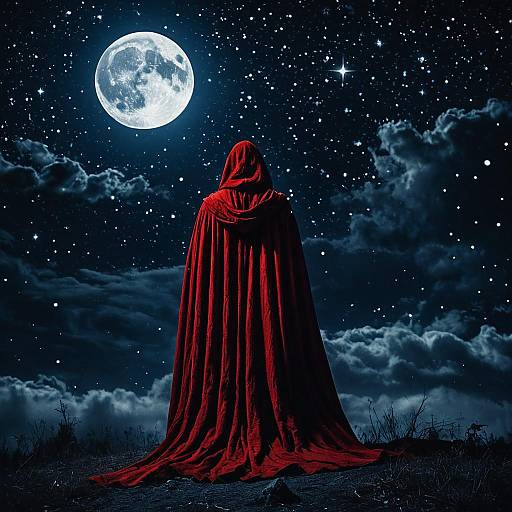 Figure in Red Cloak Under Full Moon