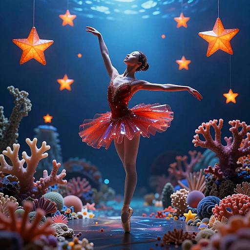 Photograph of a ballerina in a red, glittery tutu, dancing underwater surrounded by colorful coral, starfish, and glowing orange stars