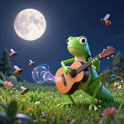CGI image of a green frog playing an acoustic guitar under a bright full moon, surrounded by glowing fireflies in a colorful meadow.