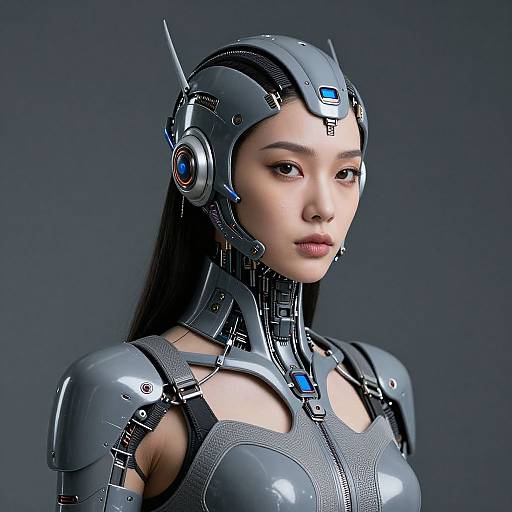 Photorealistic digital art of an East Asian woman with long black hair, wearing a futuristic metallic gray robotic armor with blue accents, set against a dark