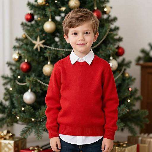Photograph of a young boy with light brown hair, wearing a red sweater, white shirt, and blue pants, standing in front of a decorated Christmas