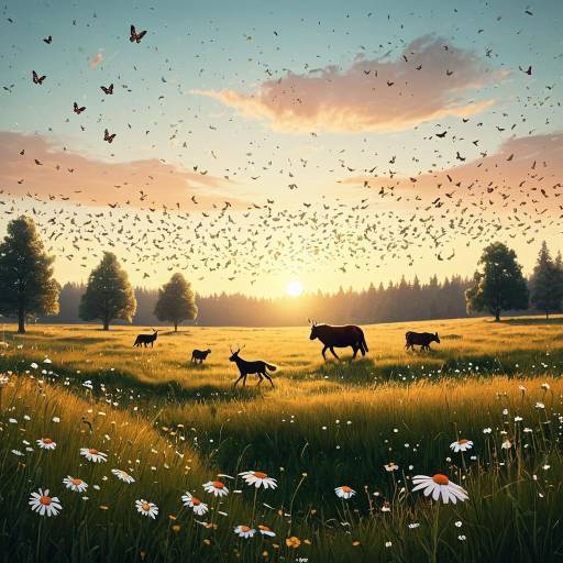 Enchanting Sunset Meadow with Fairies and Animals Enchanting Sunset Meadow with Fairies and Animals