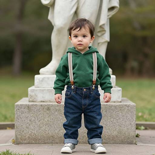 Toddler Boy by Statue in Hoodie