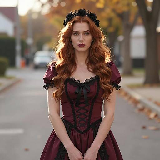 Woman in Maroon Gothic Halloween Costume