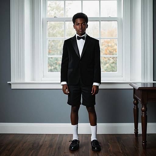 Boy in Formal Suit with Shorts and Bowtie