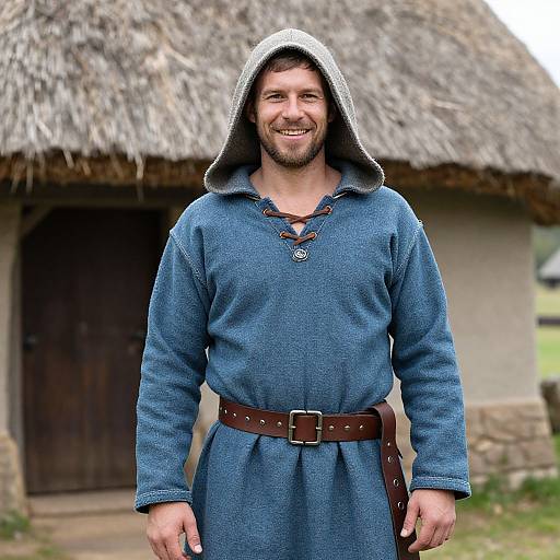 Medieval Peasant by Thatched Cottage