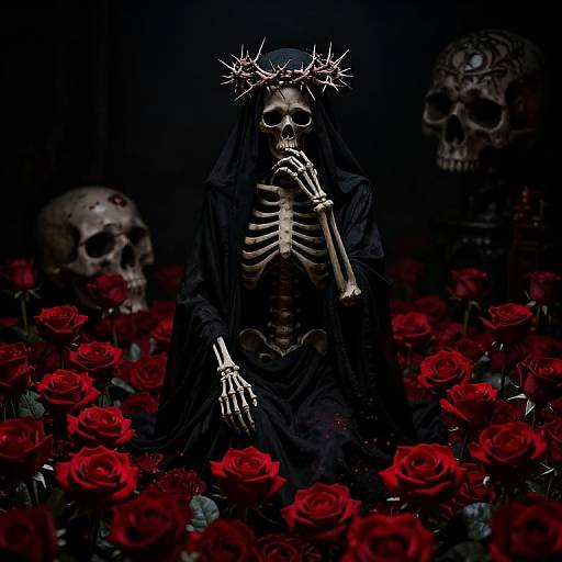 Skeletal Figure with Thorny Crown Among Red Roses
