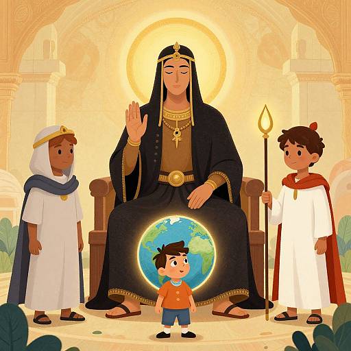 Cartoon illustration of a serene dark-skinned queen with a halo, wearing black robes, sitting on a throne with a glowing Earth in front, surrounded