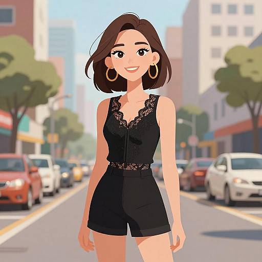 Digital illustration of a smiling young woman with short brown hair, wearing a black lace-trimmed romper and gold hoop earrings, standing on a sunny