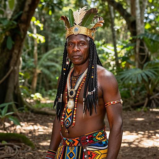 Photograph of a muscular, dark-skinned African man in a forest, wearing a gold crown with feathers, beaded necklaces, and colorful,