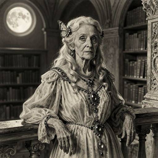 Elderly Elven Scholar in Moonlit Library