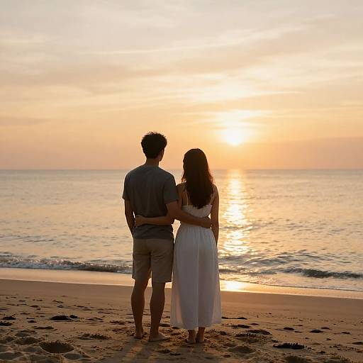 Photograph of a couple standing on a sandy beach at sunset, silhouetted against the golden-orange sky, with the sun reflecting on the calm