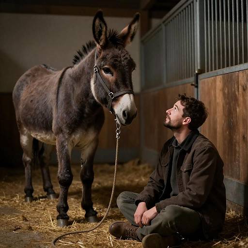 Man and Donkey in Dimly Lit Stable