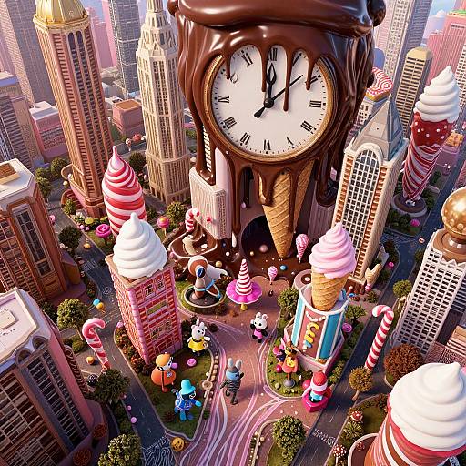 Whimsical CGI cityscape with oversized chocolate clock, candy-themed buildings, colorful characters, and vibrant streets. Sweet, playful, and surreal.