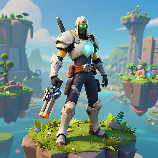 CGI image of a futuristic, armored warrior with glowing blue visor, holding a gun, standing on a grassy rock, floating islands and vibrant