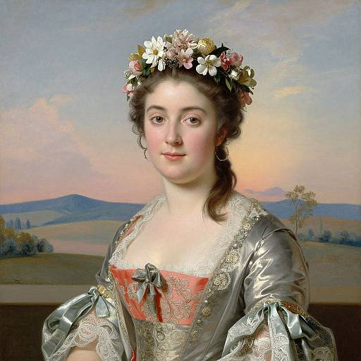 18th-century portrait of a fair-skinned woman with brown hair, wearing a floral crown, silver gown with red accents, set against a pastoral landscape