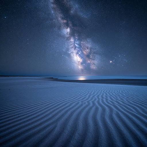 Photograph of a night sky with the Milky Way over a rippled sand desert, under a star-filled, dark blue sky.
