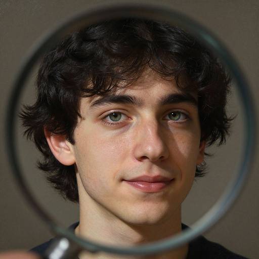Photograph of a young man with medium-length, dark curly hair, blue-green eyes, and fair skin, seen through a large magnifying glass.