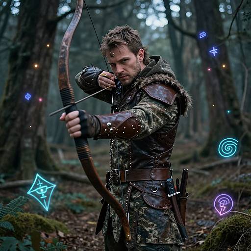 Photograph of a rugged man in medieval archer attire, drawing a bow in a mystical forest, surrounded by glowing magical symbols.