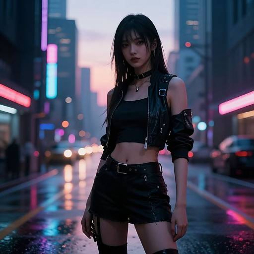 Cyberpunk city street at night, neon lights reflect on wet pavement. Asian woman with long black hair, black crop top, leather jacket, and