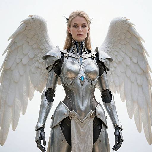 Digital artwork of a blonde, fair-skinned female angel in silver armor with white feathered wings, blue gem, standing against a bright white background.