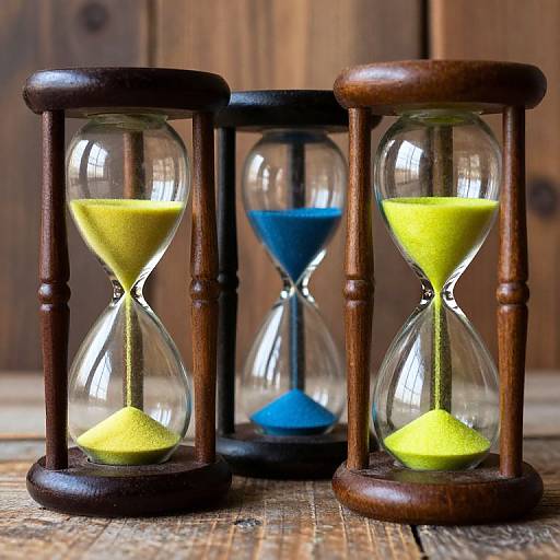 Photograph of three wooden hourglasses with yellow, blue, and blue sands, standing on a rustic wooden surface against a wooden background.