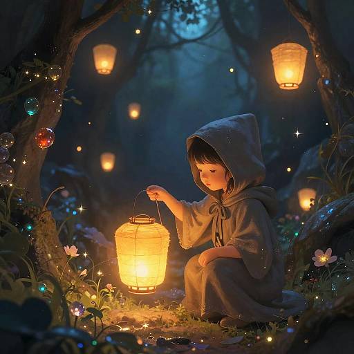 Magical forest scene: child in hooded cloak lights lantern, surrounded by glowing orbs, twinkling lights, and enchanted flowers at night.