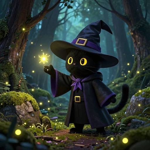 Bipedal Black Cat Wizard in Enchanted Forest