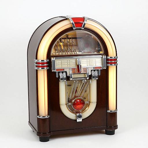 Photograph of a vintage-style slot machine with a dark brown, arched wooden casing, illuminated with red and yellow lights.