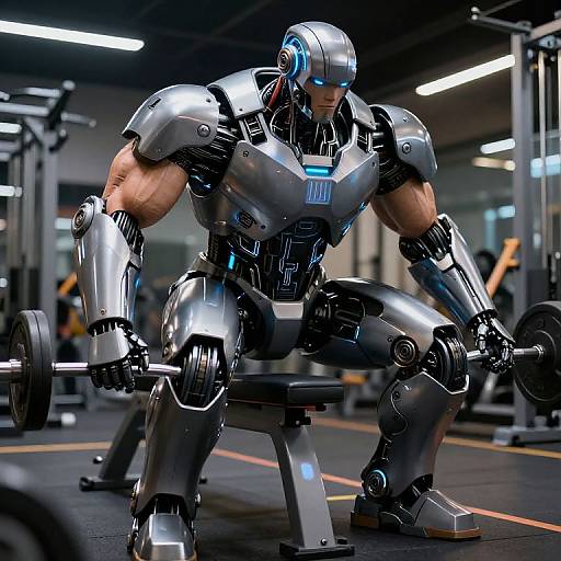 Photorealistic CGI of a muscular, silver robotic man with glowing blue accents, squatting with a barbell in a modern gym.