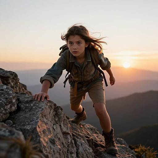 Photograph of a determined young girl with long brown hair, wearing a green jacket and khaki shorts, crouching on a rocky mountain peak at