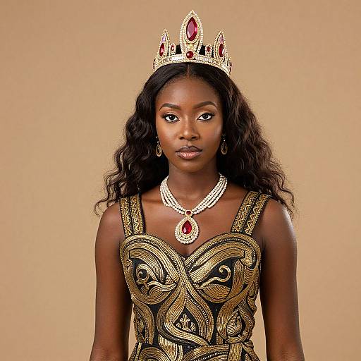 Photograph of a regal Black woman with long wavy hair, wearing a gold and black embroidered dress, red gemmed crown, and matching necklace