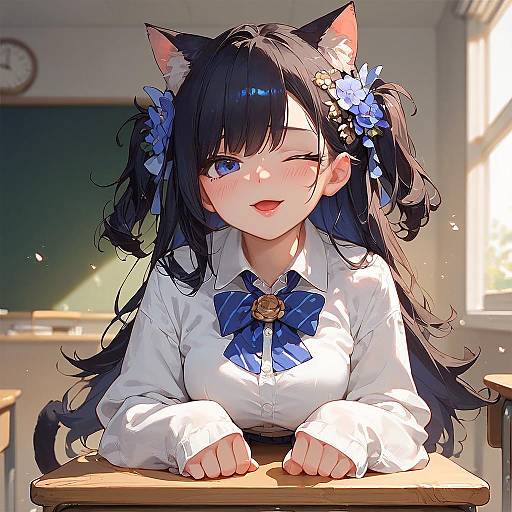 Cat Girl in Classroom Sitting Pose