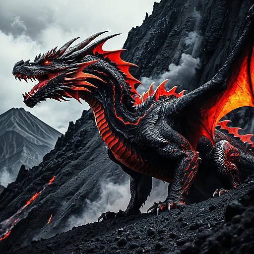 Fiery Red and Black Dragon on Volcanic Mountain