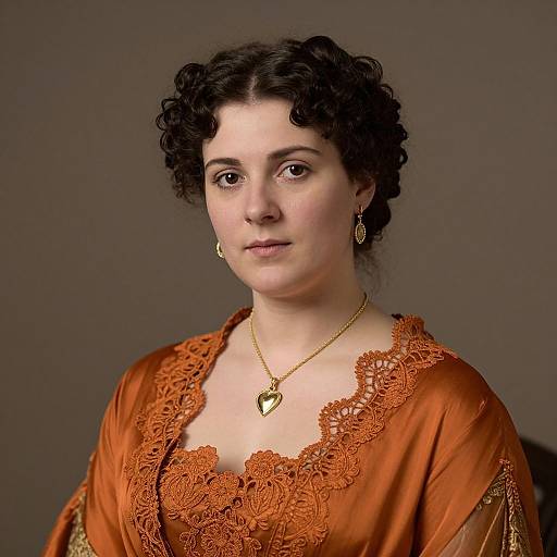 Photograph of a fair-skinned woman with curly dark hair, wearing an orange lace-trimmed dress, gold necklace, and earrings, against a