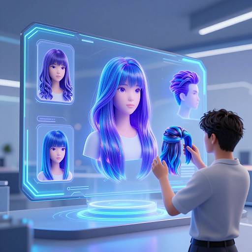 Digital CGI of a futuristic lab: a man with short black hair, white shirt, adjusts a holographic screen displaying a blue-haired, anime-style woman