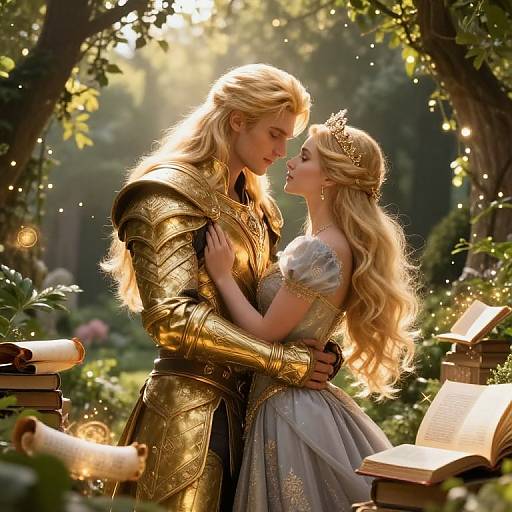 Digital fantasy painting of a blonde, armored knight and princess in a forest, gazing lovingly, surrounded by books and sunlight.