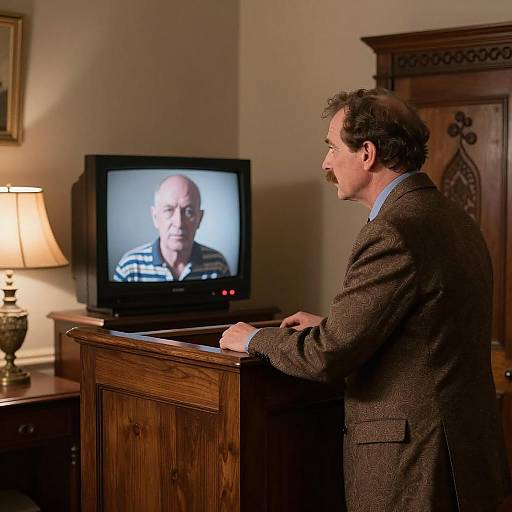 Man in Brown Suit at Dimly Lit Podium