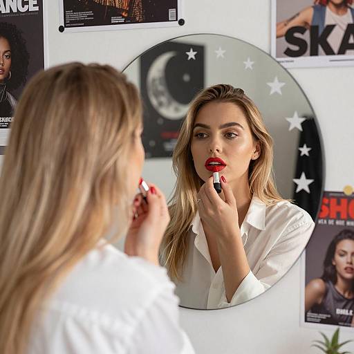 Blonde Woman Applying Lipstick in Bright Light
