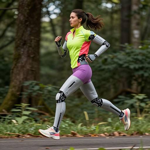 Photograph of a woman with robotic, cybernetic legs running in a forest, wearing a neon yellow-green and pink top, purple shorts, and