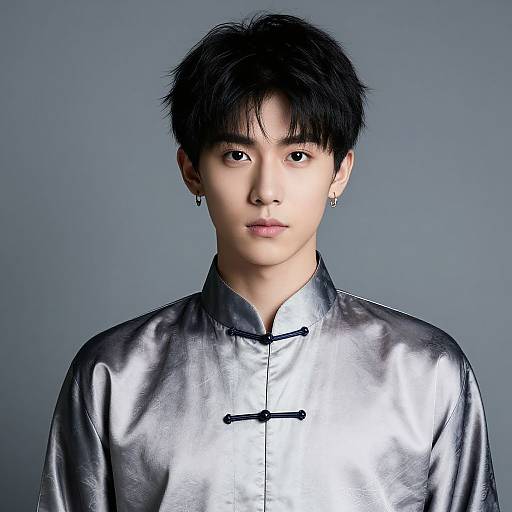 Photograph of an Asian man with black, slightly messy hair, wearing a shiny silver silk Chinese tunic, against a gray background.