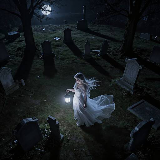 Photograph of a ghostly woman in a flowing white dress holding a lantern, standing in a dark, moonlit cemetery with gravestones and trees