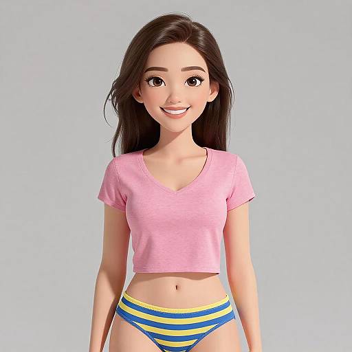 Digital 3D cartoon of a smiling young woman with long dark hair, wearing a pink crop top and blue and yellow striped panties, against a light