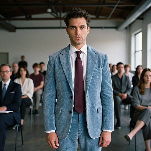 Photograph of a handsome man with curly dark hair, wearing a light blue checkered suit and maroon tie, walking confidently down a runway in a