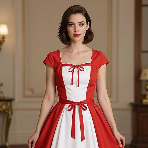 Photograph of a fair-skinned woman with dark brown, shoulder-length hair, wearing a red and white vintage-style dress with red ribbons, standing