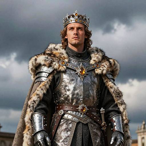 Photograph of a stern, fair-haired, bearded king in shiny silver armor, adorned with fur, crown, and jeweled brooches,