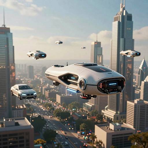 Futuristic Hovering Machines in Megacity