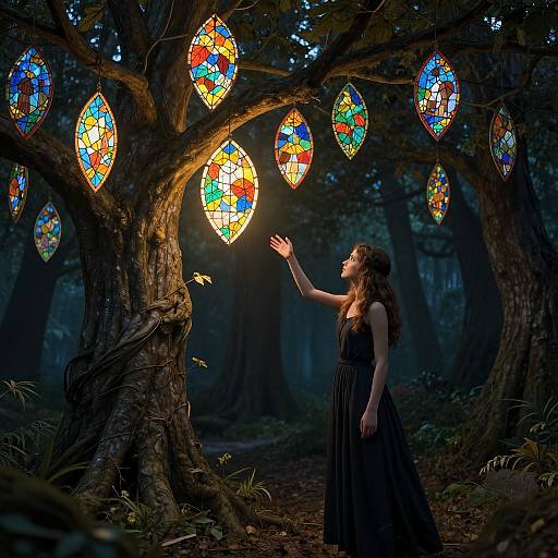Photograph of a woman in a black dress, touching a glowing, colorful stained-glass orb on a mystical forest tree.